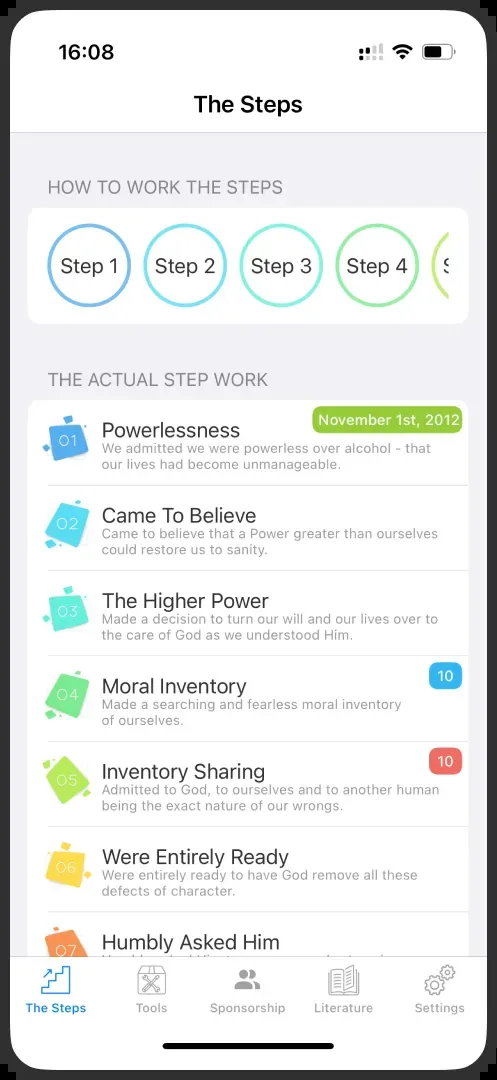 The Steps screen, with step work for each of the Twelve Steps