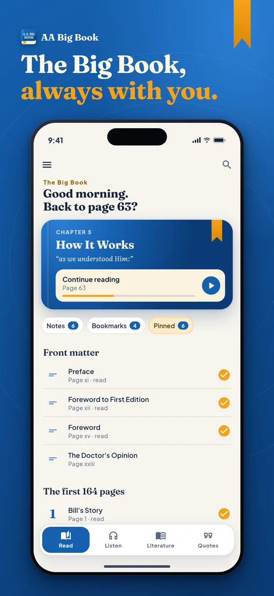The AA Big Book app home screen: "The Big Book, always with you", with Continue reading