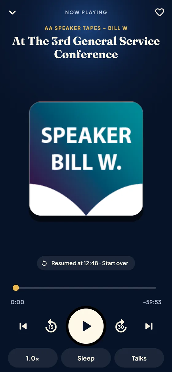 The player, with speed, sleep timer and the list of talks