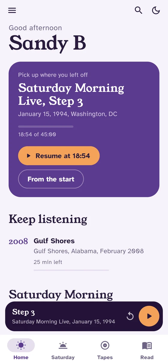 The Sandy B home screen: pick up Saturday Morning Live, Step 3, where you left off