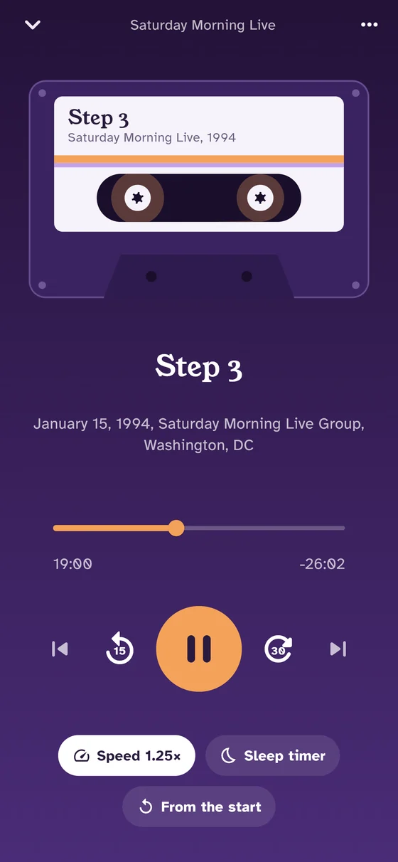 The player: a cassette that winds on as the talk plays, with speed and sleep timer